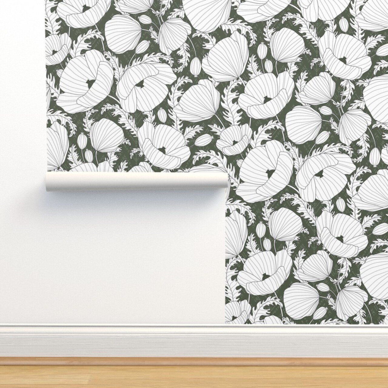 Floral Poppies Boho Flowers Olive White Line Drawing Large Scale Leaves Retro Green Custom Removable Wallpaper by Spoonflower Peel & Stick Wallpaper 2FT Wide